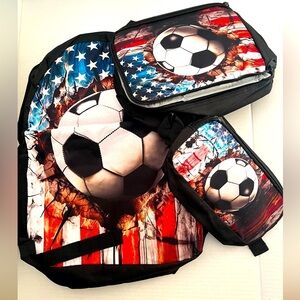 SCOROTEC BACKPACK SET (AMERICAN FLAG SOCCER) INCLUDES LUNCH BOX & PENCIL CASE.